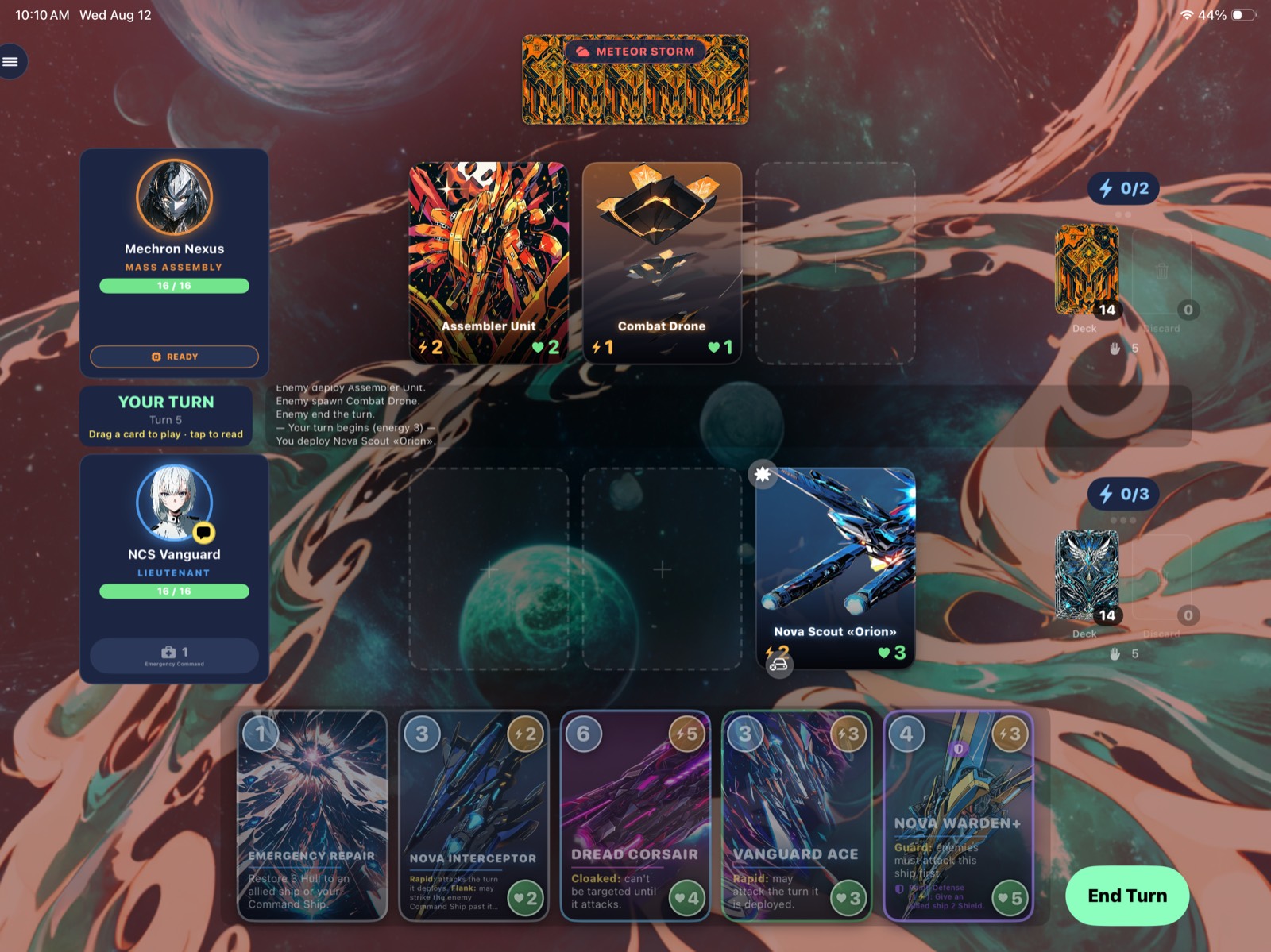A battle in progress during a Meteor Storm — ships deployed on both sides with a hand of cards ready to play