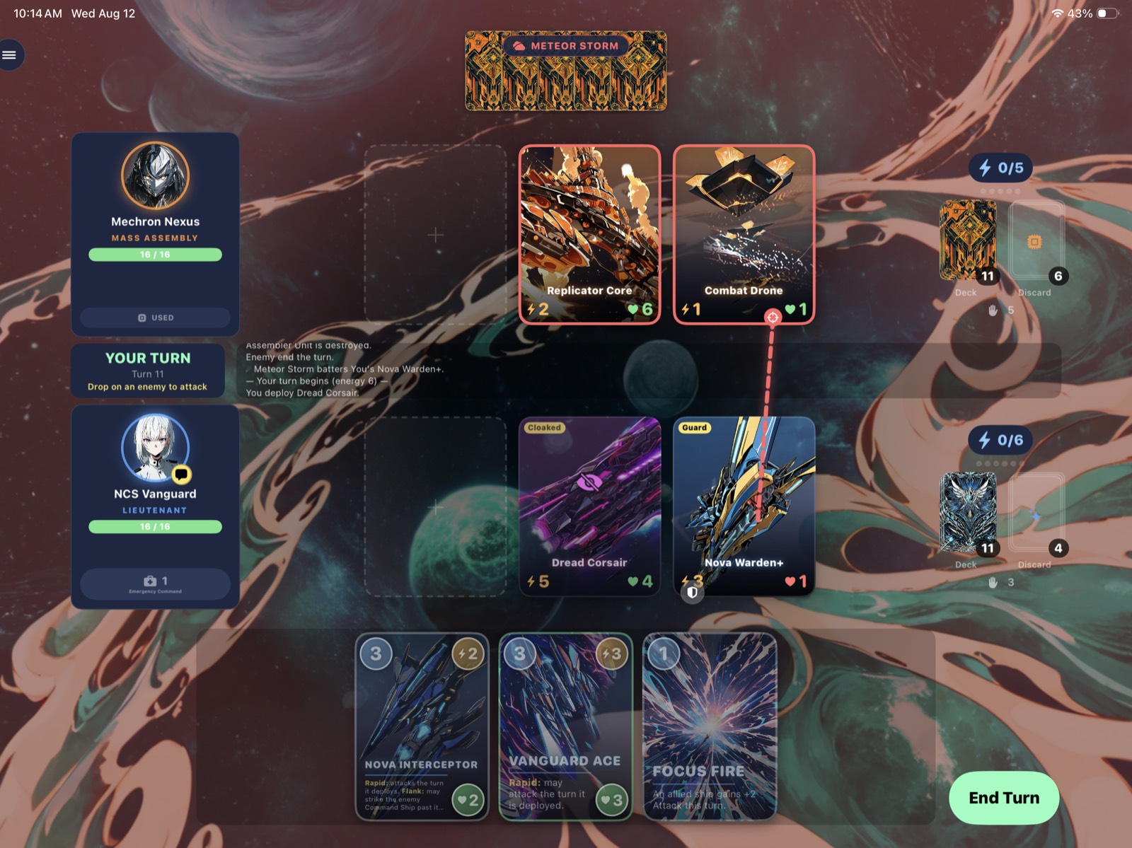 A Nova Warden ship attacking an enemy Combat Drone during a Meteor Storm battle