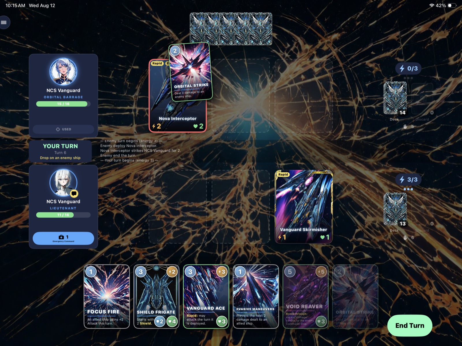 A tense fleet battle across a shattered star field, playing an Orbital Strike tactic
