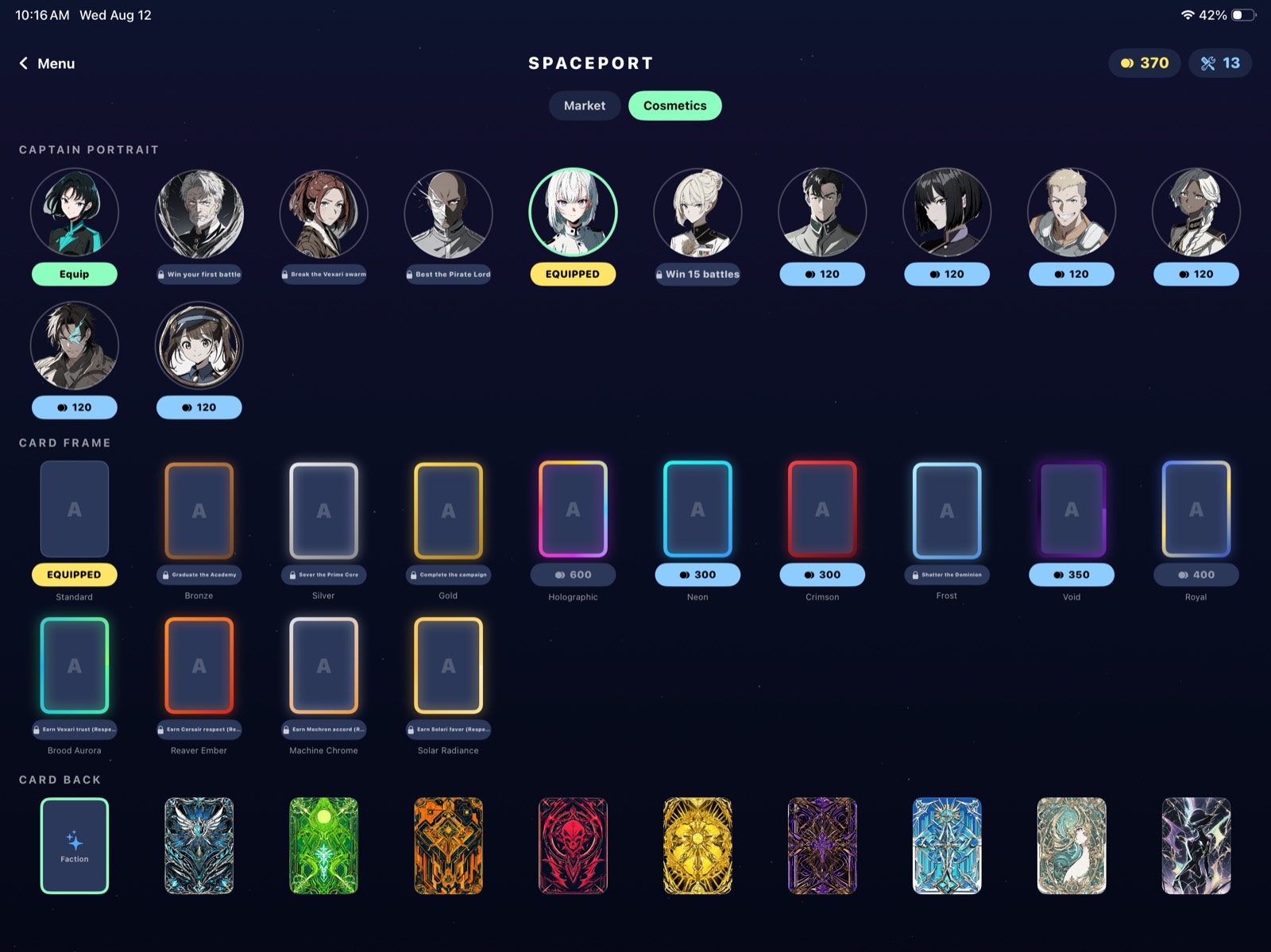 Cosmetics screen with captain portraits, card frames, and card backs