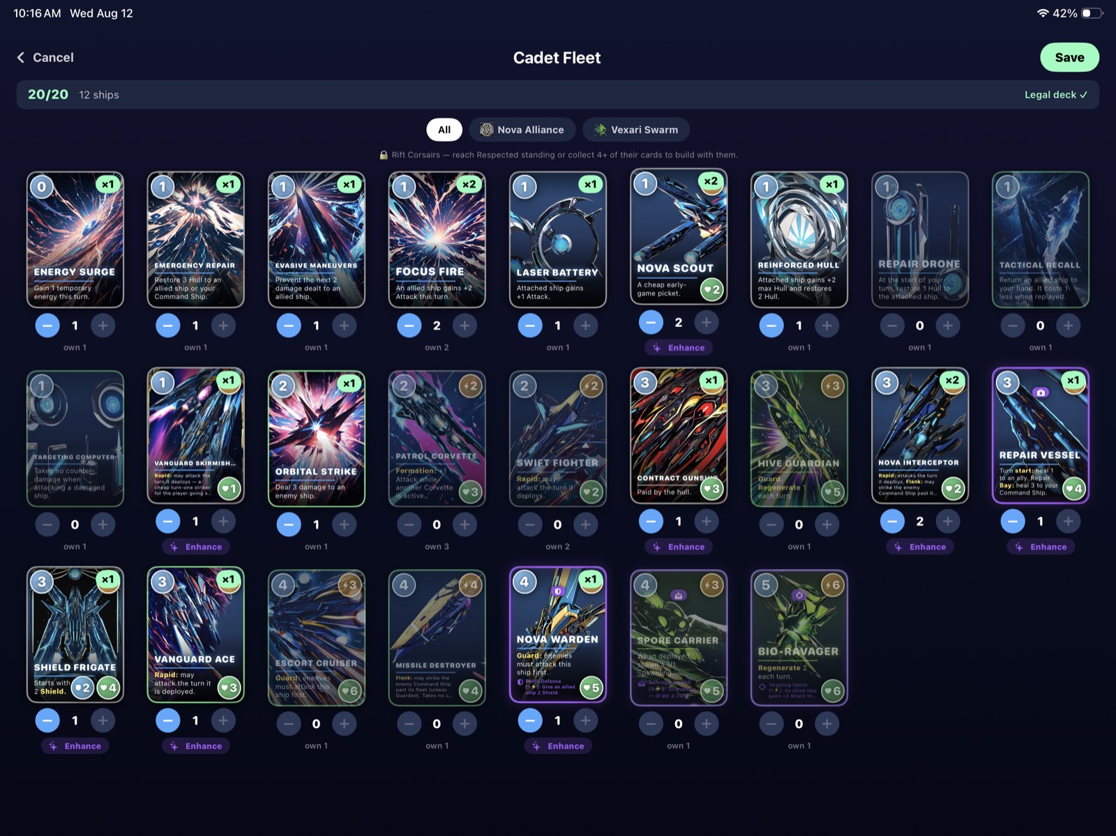 The deck builder assembling a 20-card Cadet Fleet, with Enhance options on individual cards