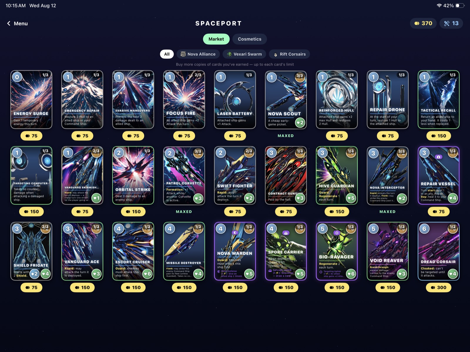 The Spaceport card market showing dozens of collectible cards